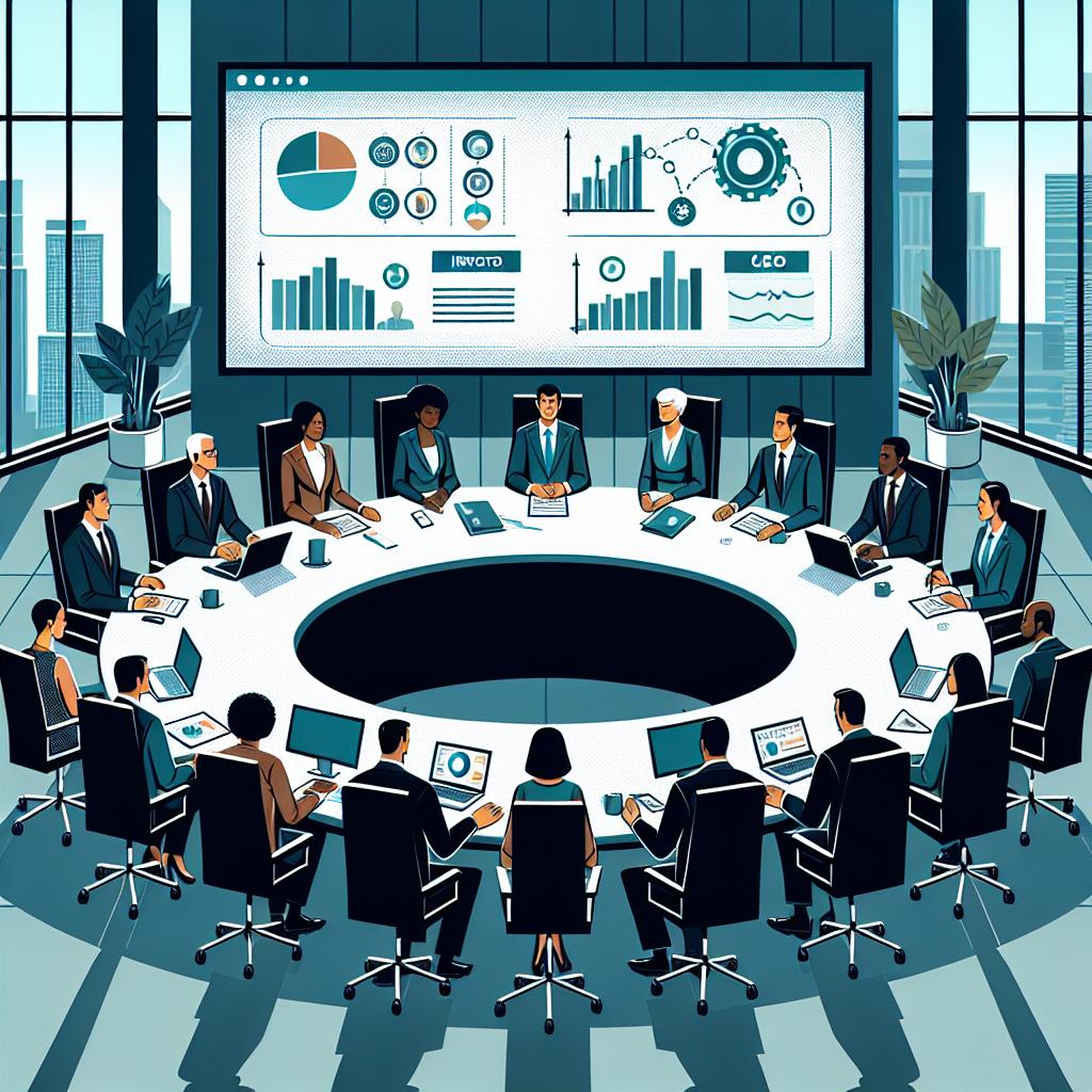 Create an image in a flat, corporate, vector style that illustrates decision-making in a corporate setting. Show a ring-shaped conference table from a 2D, linear perspective. There should be diverse individuals sitting around the table, including a Hispanic female, a South Asian male, a Middle Eastern female, and a Black male, representing the financial company's investors. The table should be covered with computers and graphics visually depicting data on CEO transitions. The room is filled with a sense of deliberation and collaboration, accentuated by natural light coming through large windows.
