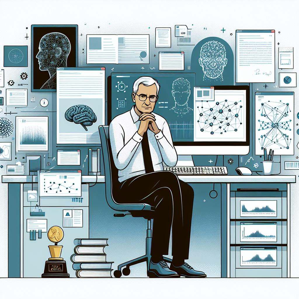 A notable computer scientist, key figure in the field of artificial intelligence, receives the 2024 Nobel Prize in Physics in recognition of his foundational work in deep learning, serving as the bedrock for the world's most powerful AI models. The vector-style, flat, and corporate 2D, linear perspective illustration shows him in his research environment, surrounded by computer screens with AI graphs, symbolizing his pivotal contributions to the field. The image has a white and textureless background. Additional elements include computer screens representing his work with AI technology, books and research forms signifying knowledge and innovation, and the Nobel Prize to highlight the acknowledgement of his contributions.