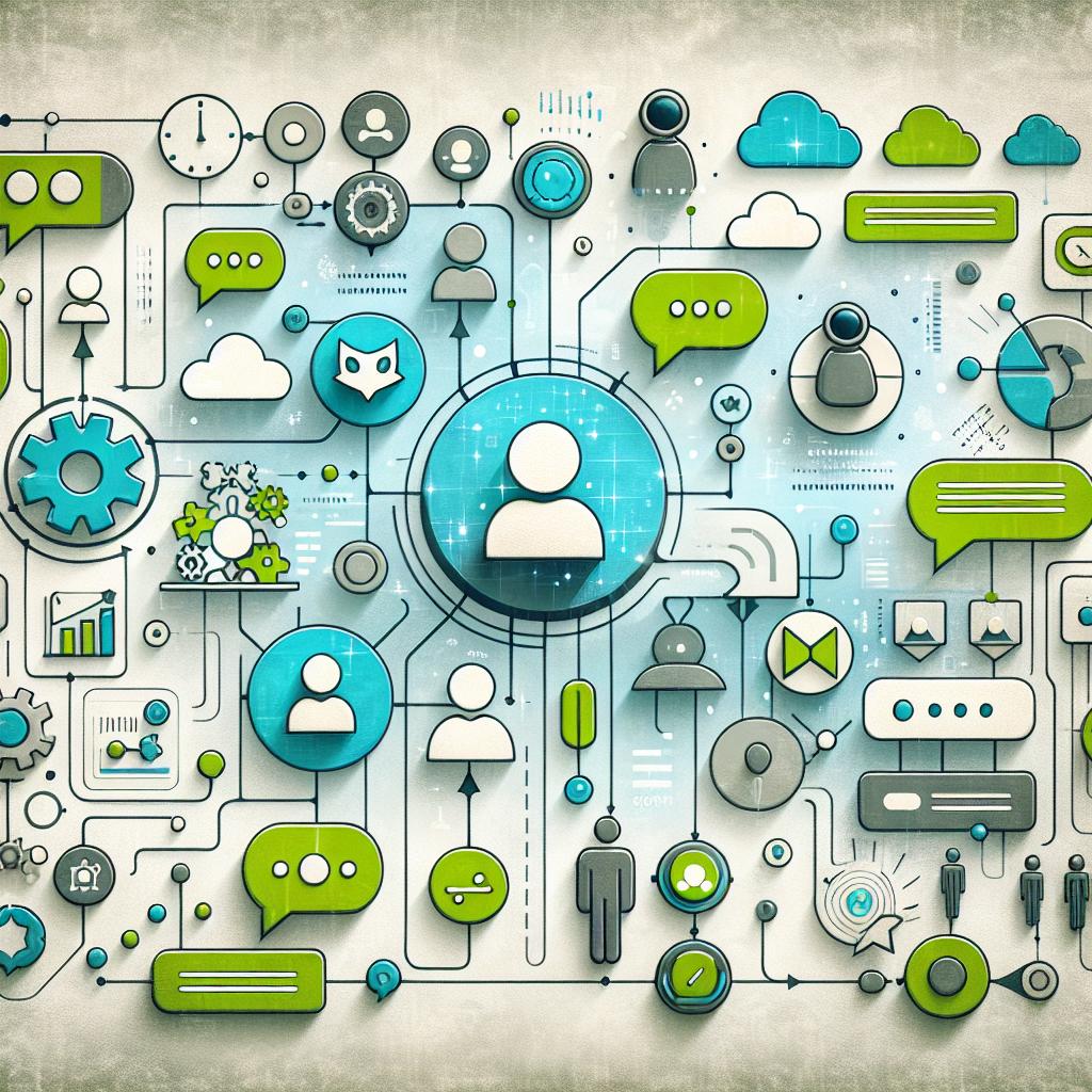 Visualize a 2D, flat, corporate style illustration set on a textured-less white background. The focus of the image is a modern user experience (UX) interface, showing interactions between multiple ambient agents and humans at the same time, represented by icons and graphic elements. These agents are symbolized by chat icons, reflecting communication with them. Additional elements include event flows, representing the continuous interaction between these agents and users. The image is filled with inviting soft colors, specifically green and blue hues that express feelings of technology and freshness, suggesting the idea of innovation and efficiency.