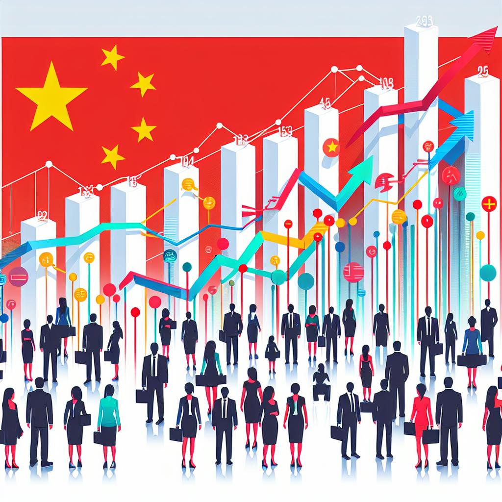 Create a 2D, linear perspective image in a flat, corporate vector style. The scene should be set against a plain white background. It should symbolically represent the rise of Chinese technology companies in the AI sector. Please include elements such as growth charts, illustrating the increase of stocks; the Chinese flag, signifying the origin of the companies; and silhouettes of diverse investors and tech professionals. These people should be of various descents, such as African, Caucasian, Hispanic, and Middle-Eastern, equally depicted in both gender, male and female. The Chinese flag should be seamlessly intertwined with the growth charts.