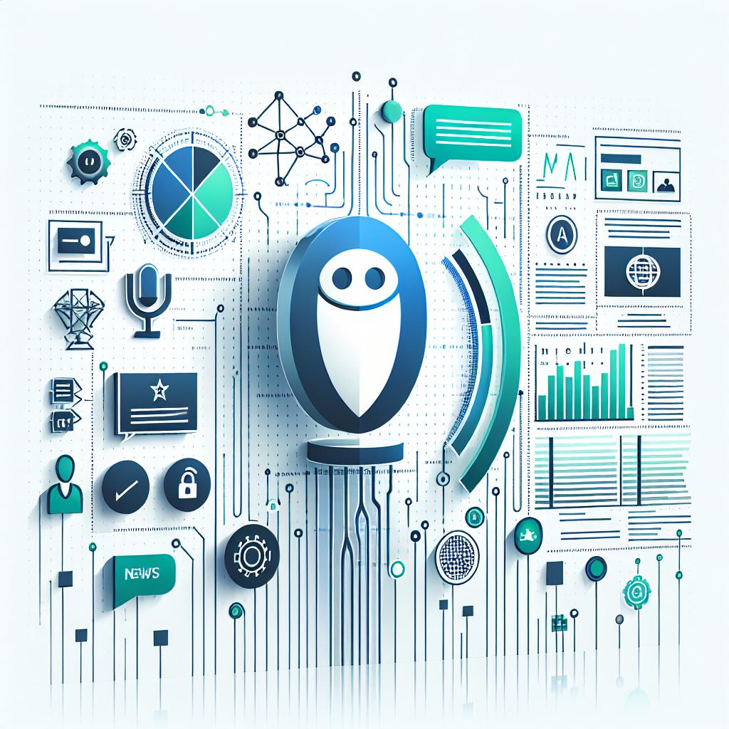 Create a corporate-style, flat vector image in a 2D, linear perspective set on a white, textureless background. The main element should be a virtual assistant, representing Le Chat, surrounded by data graphics and communication icons to symbolize the collaboration between Mistral AI and AFP. The image should include news icons to indicate the partnership with AFP, and data charts to represent the integration of information. Use shades of blue and green to convey a sense of technology and trust. The clean and modern background suggests innovation.