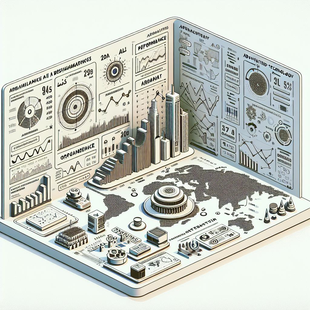 Create a 2D, linear perspective image with a corporate, flat, vectorial style. The background of the image should be white and textureless. The main focus should include diagrams and tables emphasising the Arabic AI benchmarks' results. This should include performance results of various AI models depicted as graphs, organised data inside tables signifying leaderboards, and advanced technology represented through AI icons. To provide regional context, also incorporate a map of the Arab world. The entirety of this composition represents the advancements and mobilization within the Arabic-speaking AI community over the past year.