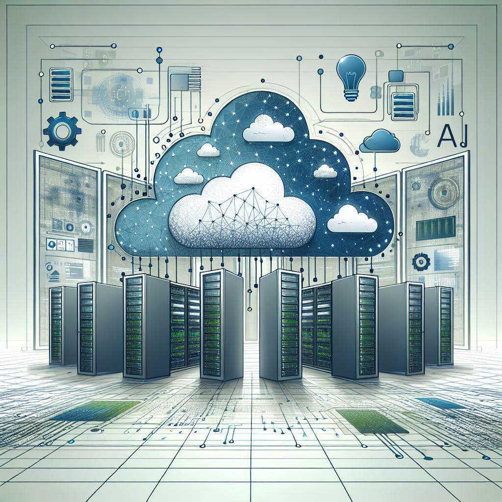 Create a 2D, linear perspective image in corporate, flat, vectorial style. The image should depict a cloud computing environment, filled with servers and graphic elements that represent artificial intelligence. The background should be technological, illustrating a modern data center, against a plain, white, textureless backdrop. Additional elements to include are servers, symbolizing the robust infrastructure that supports AI, and data graphics, representing the analysis and processing of information. The color scheme should primarily revolve around shades of blue and green, suggesting a sense of technology and innovation.