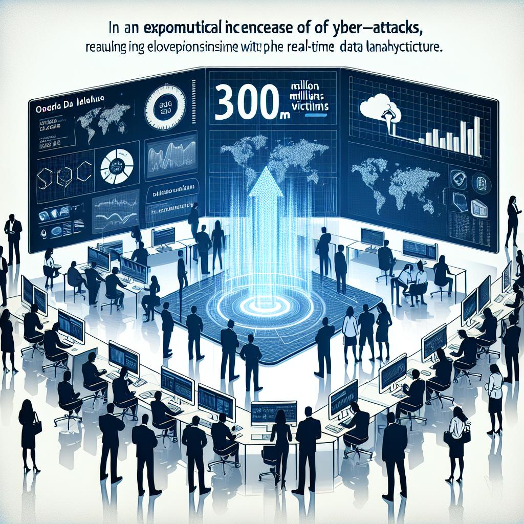 In the backdrop of an exponential increase in cyber-attacks, resulting in 300 million victims in 2023, a depiction of Cloudera's innovative solution, the open data lakehouse architecture, in corporate, flat, and vectorial style on a white, texture-less background. This aims to empower cybersecurity defenders with real-time data analytics, addressing their critical challenges in protecting organizations. Visualize a modern cyber defense setting with diverse professionals (mix of Hispanic and Middle-Eastern women and Caucasian and Black men) scrutinizing data in a digital environment. Include details like screens displaying graphs and log data, signifying the importance of real-time analysis. Elements like graphics representing real-time data analysis, diverse security professionals signifying teamwork, computers symbolizing advanced technology use in defense, a digital environment stressing modernity and the need for intelligence, and security icons denoting data protection and risk mitigation.