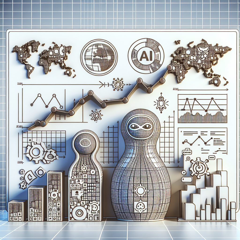 A clean, corporate, and flat-styled image in 2D linear perspective. Primarily, an ever-growing graph is portrayed that symbolizes the progression of Arabic NLP models, with the Matryoshka model emphasized. Next to the graph, show visual representations of embeddings and performance graphs, signifying their effectiveness. AI icons scattered around the scene would appear, embodying artificial intelligence technology. As the backdrop, a stylized, white, and textureless depiction of the Arab world map, adding context to the models' application.