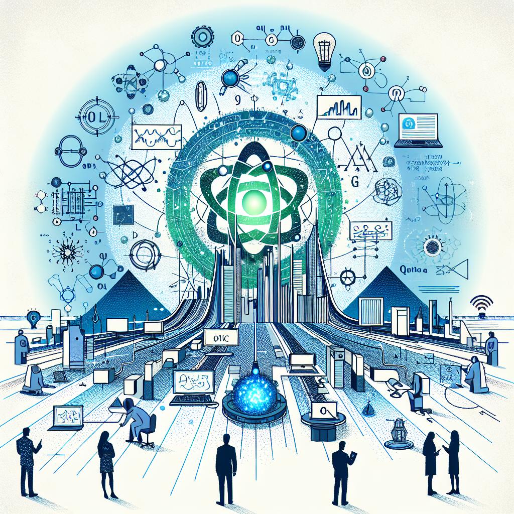 Create an image in the style of flat, corporate vector art on a white, textureless background. This 2D, linear perspective image illustrates the rise of the quantum industry. Capturing its potential to transform technology and enable ground-breaking experiences, especially in quantum computing and cryptography as highlighted at the inaugural event of the International Year of Science and Quantum Technology in Paris. The elements should include a technology-themed background representing the basis of quantum engineering and blue and green colors symbolizing innovation and the future respectively. Incorporate diagrams and mathematical equations to represent the quantum concepts involved. Depict scientists of various descents and genders working together, signifying the collaboration occurring in quantum research.