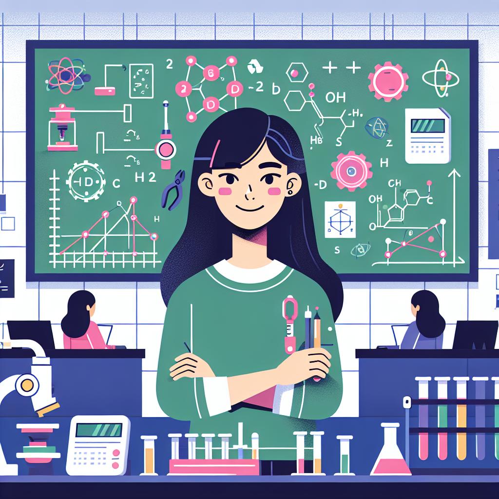 Create a vibrant, vector styled illustration, featuring the central character—an Asian female student immersed in STEM activities, in a modern laboratory setup. She is surrounded by advanced technological tools and engineering equipment. The background of the image is plain white with a chalkboard full of equations and graphs, highlighting the essence of learning. Her involvement in STEM projects is clearly shown. The illustration has a corporate yet bright colour palette to attract attention and reflect a creative atmosphere. Keep the perspective 2D and linear, portraying a flat design.