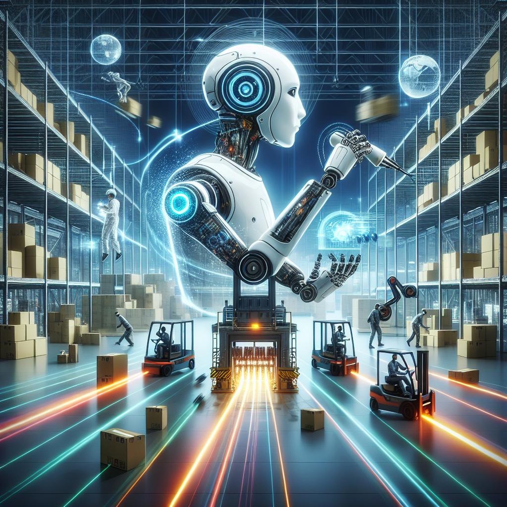 Create an image featuring a hi-tech setting inspired by the future of robotics systems similar to the ones used in modern e-commerce logistics. The main focus of the image should be a modern robot interacting with a logistically complex production line, displaying the fusion of technology and logistic operations. The robot should symbolize innovation embodied in the form of a robotic system. The background should feature a bustling warehouse complete with stacked boxes and other robots in action. Additionally, represent a team of engineers collaborating behind the scenes, working on the technology. Artistic hints should include movement trails to showcase the dynamic nature of the warehouse work environment. Ensure that the entire composition is a 2D digital illustration, employing flat design principles on a solid white, untextured background, projecting a corporate aesthetic.