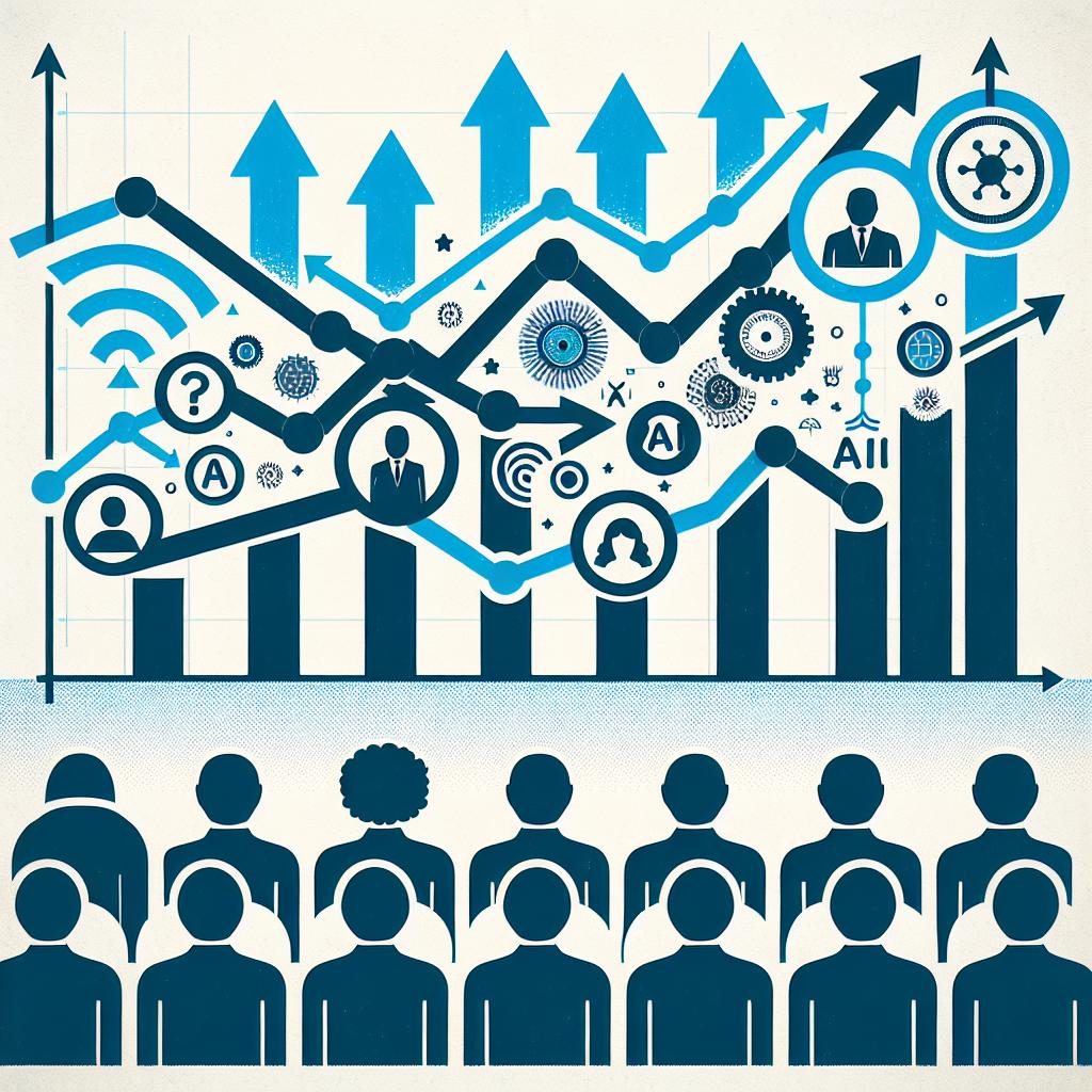 Create a 2D, vector-style corporate image on a texture-less white background. The image presents an illustrative graph showing the dynamics of applause in talk shows and its impact on public opinion. Alongside, it should feature silhouettes of a diverse audience, representing a variety of opinions. Include additional elements like AI icons to highlight the role of technology in this analysis. Pointing arrows should be seen in the graphic, indicating the direction of influence and thereby depicting a change in opinion.
