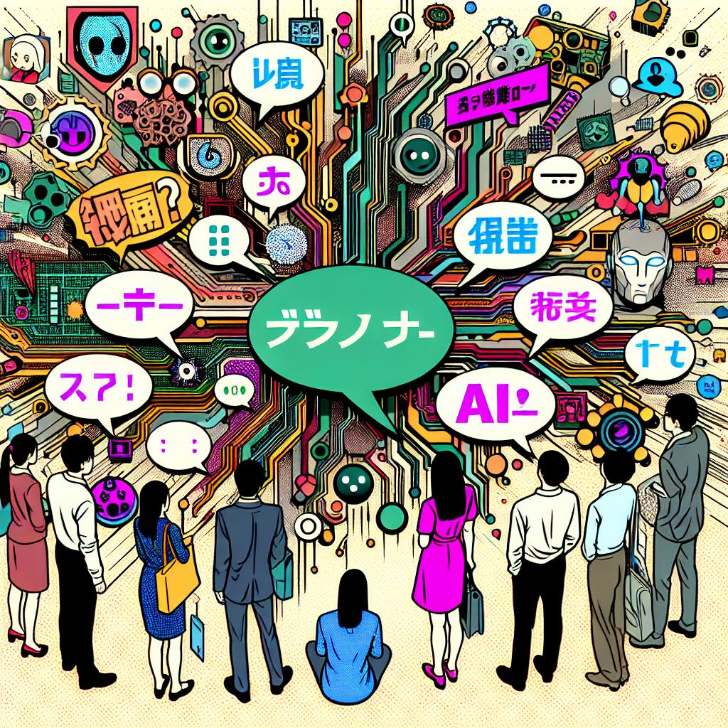 Generate a 2D flat corporate-style vector image on a white, textureless background. The picture should offer a visual representation of the fusion of technology and art in the manga world. It must contain elements of comic books that symbolize manga culture. These can be represented by text bubbles in both Japanese and English set against a backdrop of vibrant manga-styled comic strips. It should also include circuit-like images to denote the role of AI. People of various genders and descents should be depicted as interacting with the content, signifying public engagement. Speech bubbles should highlight the dialogue between cultures.