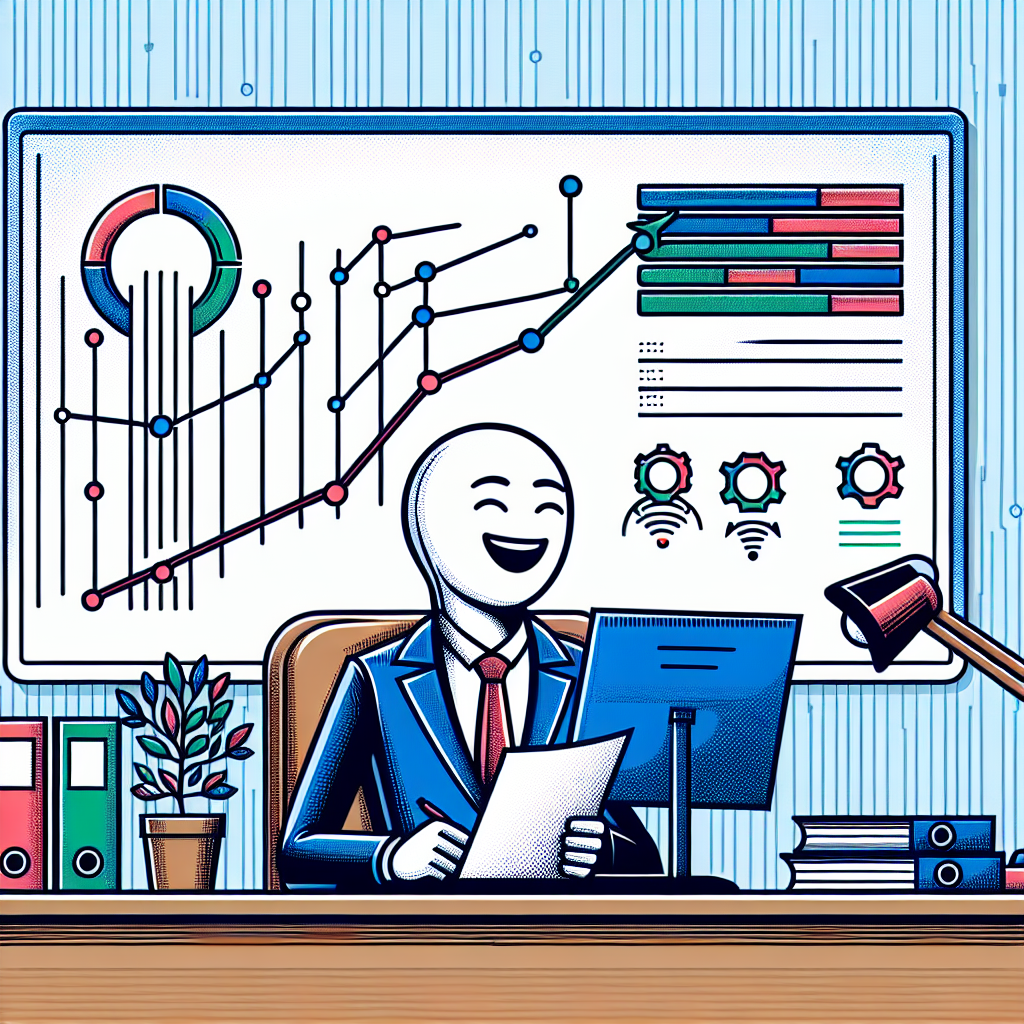 Create a vibrant, corporate-style, flat and vector-based 2D linear illustration with a white, untextured backdrop. The main focus of the image should be a joyful lawyer of ambiguous descent sitting in a modern office setting, using a computer. On the computer screen, display graphs symbolizing increased efficiency, implying increased productivity due to the lawyer's use of technology. Also, incorporate symbols of Artificial Intelligence in the background, showcasing the innovative tech implementation in the legal sector. The color palette should be bright to convey a sense of optimism and progress.