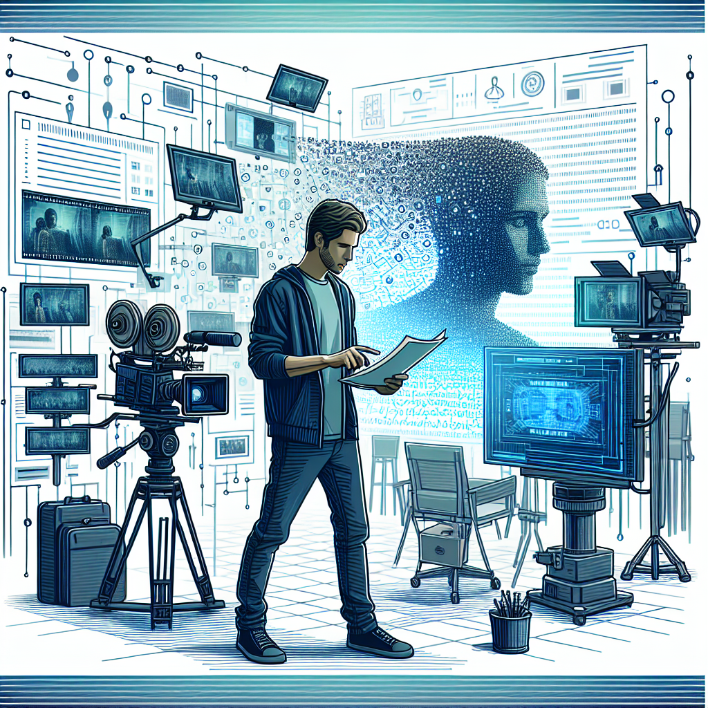 Create a vibrant, vector-style, flat and corporate image, in 2D linear perspective, against a white, untextured background. Depict a filmmaker in a studio setting, surrounded by filming equipment and screens displaying scenes generated by artificial intelligence. The filmmaker should be of an unspecified descent. The facial expression should be focused and concentrated, as they analyze a script while interacting with a digital interface representing AI technology. Essential elements to include are a camera signifying film production, a digital screen demonstrating the integration of AI into the creative process, a script symbolizing narrative and creativity, and a studio environment highlighting the context of film production. Use soft lighting to create an inspiring atmosphere.