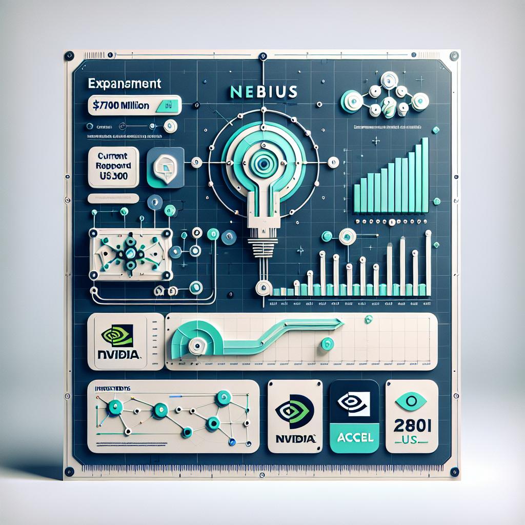 Create a 2D, vector-style, corporate image illustrating the growth and expansion of a fictional European AI infrastructure company called Nebius. They recently raised $700 million USD for their expansion into the United States, with investments from prominent stakeholders like Nvidia and Accel. This is shown by a prominently placed growth chart indicating current trajectory and future projections. The image should have a white, untextured background. Accents of the chart and image are in shades of blue and green, signifying innovation. Additionally, the logos of Nvidia and Accel are put on display, emphasizing their significant investment efforts.