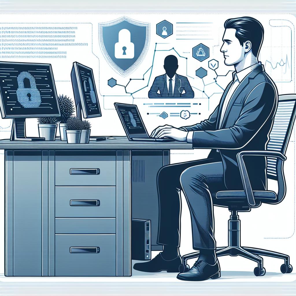Create a detailed 2D, vector graphic style image with a professional atmosphere. Picture a confident, unidentified male cryptographic engineer, deeply involved in advanced cryptography studies, working at an office space that hints at a high-tech environment. The office should contain computers and security graphs, which symbolize his cryptographic work. Also, add cryptography-related graphical elements throughout the scene to emphasize the theme. The figure is not based on any real-life individual but represents a generic cryptographic engineer. Maintain a white and texture-less background.