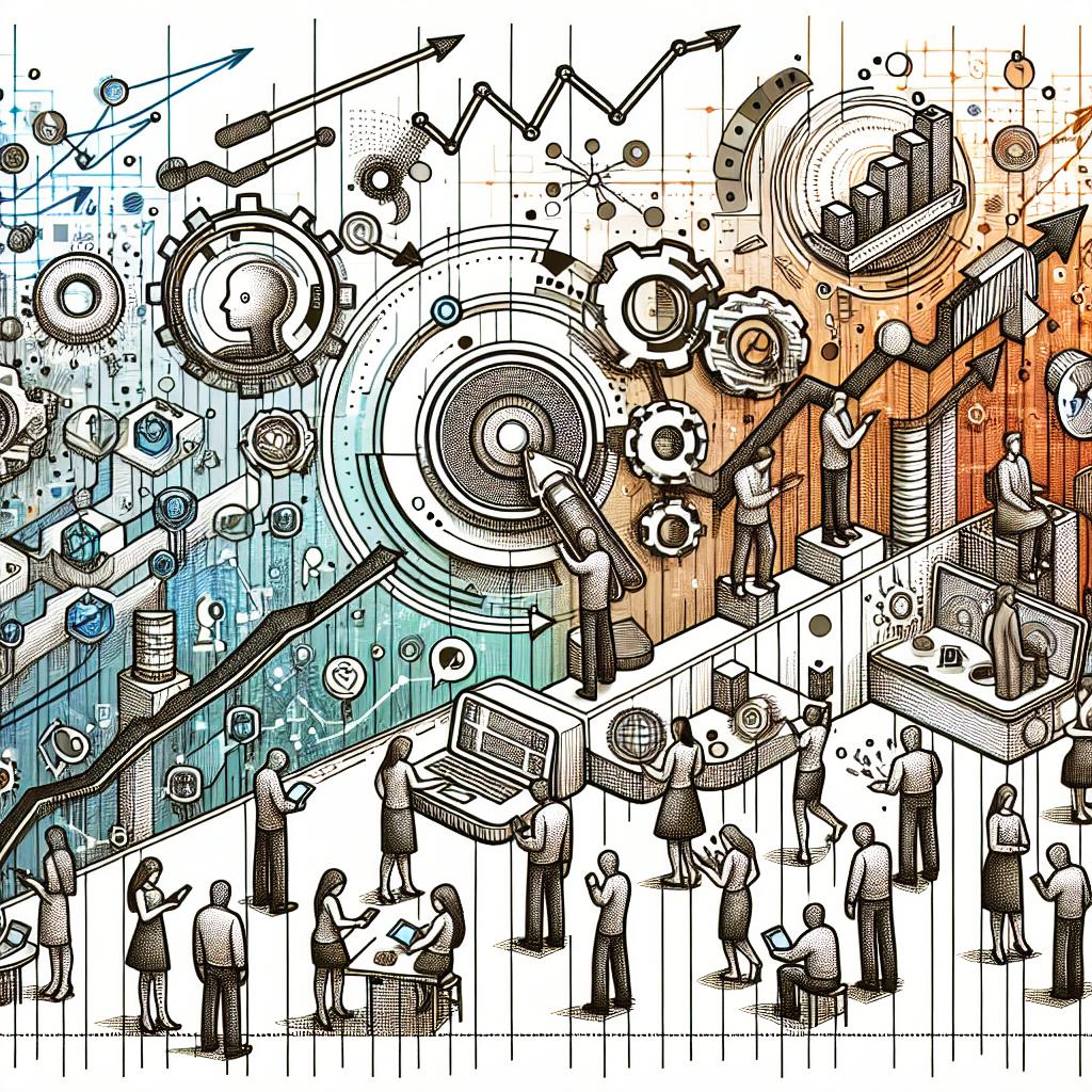 A vector, flat, and corporate style illustration on a 2D, linear perspective. The image, on a white and textureless background, narrates a tale of transition from traditional search engines to new AI technologies. The sketch includes people of various descents and genders interacting with devices that stand for human interaction with technology. These devices are surrounded by elements symbolising AI, alluding to the focus shifting towards cutting-edge technologies. The illustration also includes dynamic backgrounds illustrating technological progress and growth charts indicating market evolution.
