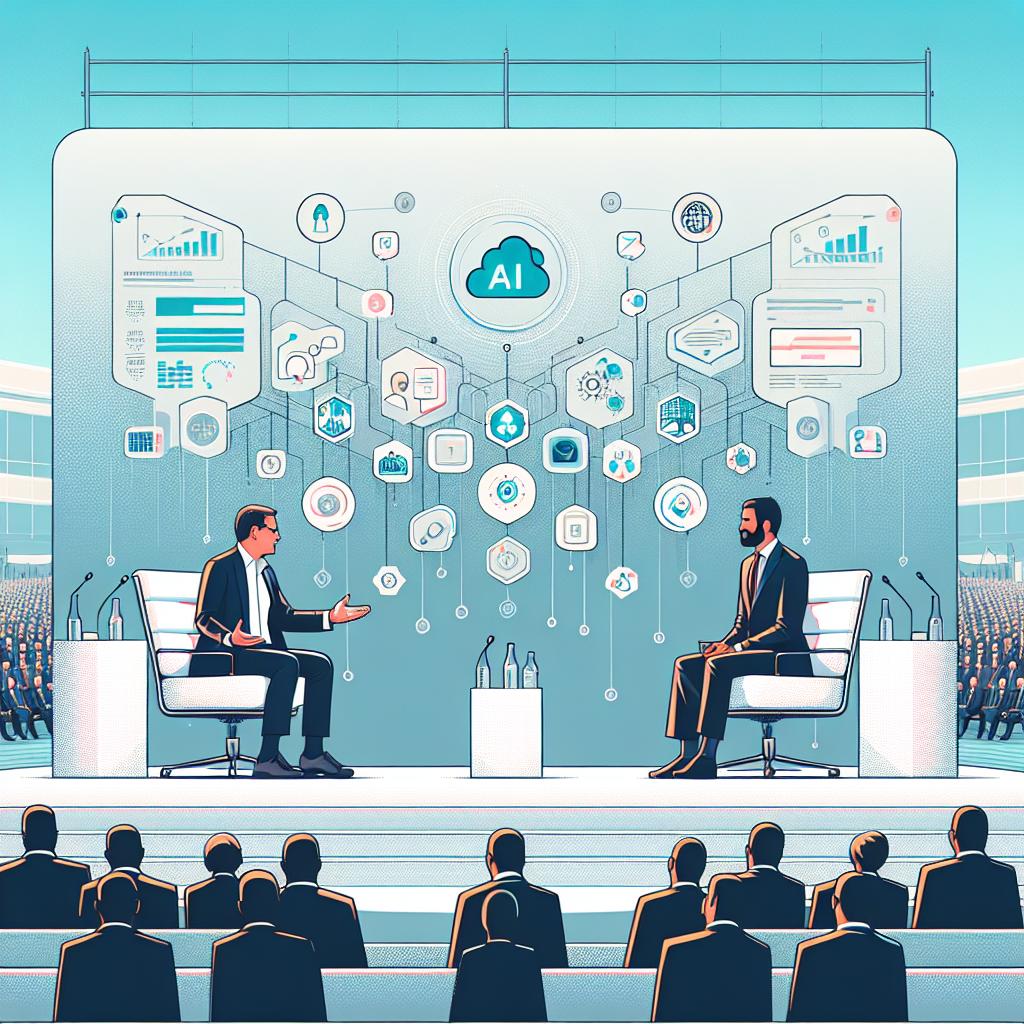 Visualize an image of the World Governments Summit that took place in Dubai on February 12, 2025. The co-founder of a major tech company discusses with an influential public figure about the importance of data centralization for the use of AI in governments. Their conversation is styled in flat corporate vector art, against a white, untextured background. They are all in 2D linear perspective. Additional elements include icons of AI and data representing their connection. The scenario is set on the stage of the event with watchers in the background.