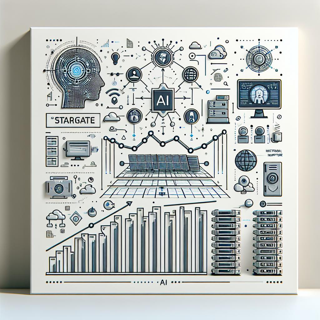 Create a 2D, vector-style image with a plain white background. Display a visualization of the AI Initiative called 'Stargate' announced by a multinational tech company. This initiative with a budget of $500 billion aims to provide necessary infrastructure for the development of more advanced AI models. The image should represent the new planned infrastructure which includes data centres. Also depict a linear growth chart showing the projected growth in innovation. Alongside, add various technology icons symbolizing the evolution of AI. The overall tone of the image should be corporate and flat.