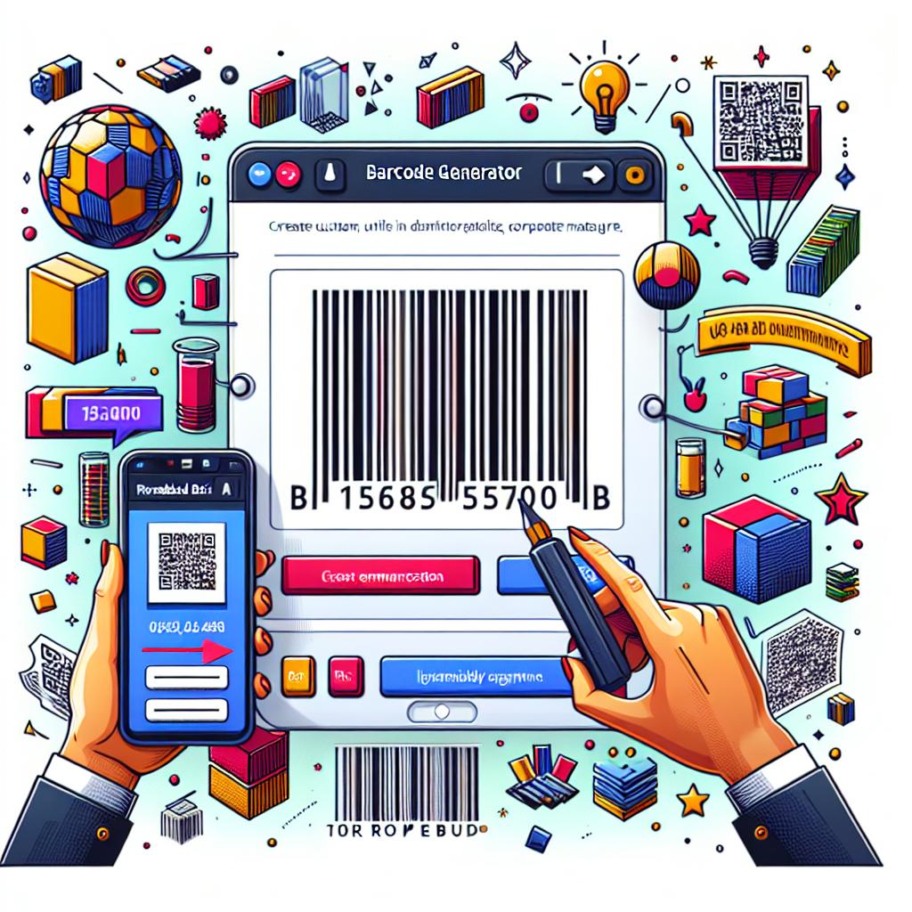 Create a 2D, linear perspective image in a vector and flat corporate style. The scene is an online barcode generator launched by the Rosebud AI, empowering users to create custom UPC-A, QR Codes, and other formats, optimized for easy product and inventory management. The snapshot of the generator's interface should highlight its user-friendly nature and customization options. The image has a untextured white background with additional elements like vibrant color enhancements emphasizing the friendly interface, and interactive sliders symbolizing the adjustability of the barcode's width and height. Not to forget, an exemplary barcode generated on the screen.
