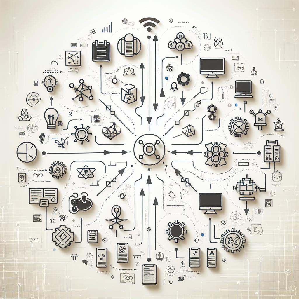 Create an image in a flat, corporate style, and 2D linear perspective on a white, untextured background. The image should illustrate the connection between different AI models and tools, demonstrating efficient orchestration in a digital environment. Include visual representations of Large Language Models (LLMs) and automation tools, all connected by lines or arrows to symbolize collaboration among them. Show a diversity of AI models. Use arrows to illustrate how the models communicate with each other. Include a backdrop with soft tones representing a technological space. Also, incorporate icons that symbolize automation and integration.