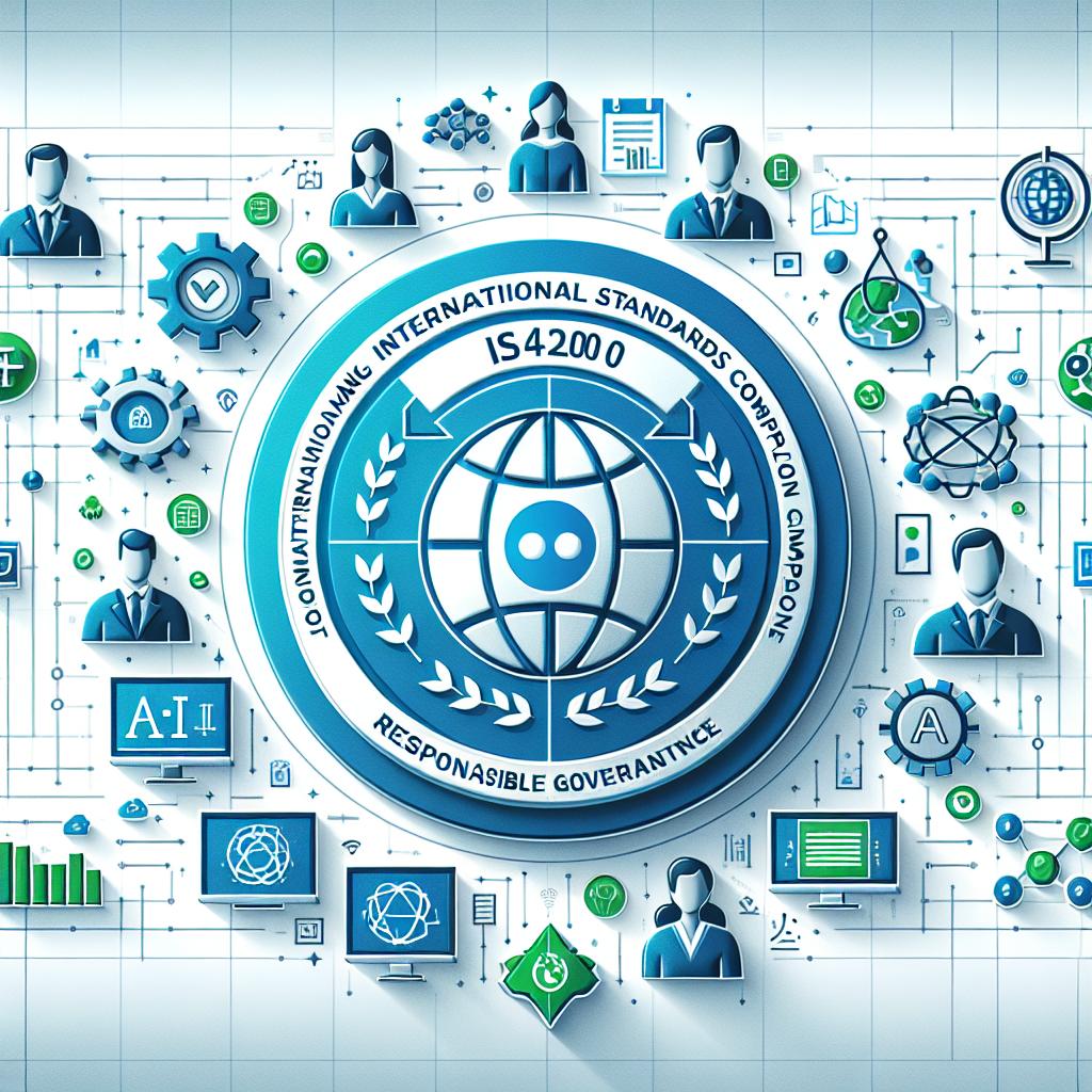 Create a 2D, flat and corporate-style vector illustration in blue and green colors, symbolizing trust and innovation. The image foreground should feature the ISO 42001 logo, signifying international standards and compliance, surrounded by icons depicting ethics and transparency, representing fundamental values in AI creation. To further reinforce the context of AI innovation, incorporate a technological background. Include an image of a collaborative team with members of various genders and descents, working together, as a symbol of responsible governance. Set everything against a white, textureless backdrop for a crisp, clean look.