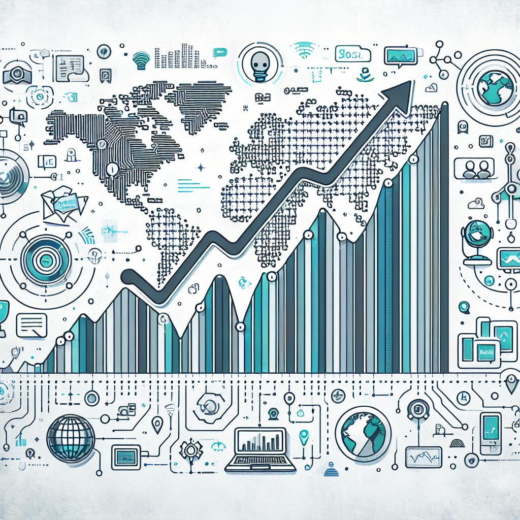 A white, textured-less background sets the stage for a 2D, linear, vector-style illustration in a corporate manner. The illustration should vividly represent the exponential growth of Artificial Intelligence technology. A rising growth chart, symbolic of the increasing user base of a popular AI Chat tool is prominent in the scene. Scattered around are icons depicting various tech companies, a nod to the widespread adoption and integration of this AI technology in the industry. Adding to this international expansion theme, subtly include maps that further illustrate the global footprint of a leading AI organization.