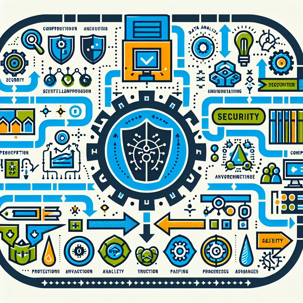 Illustrate a colored, vector-styled, and corporate-themed image representing the main elements of the Databricks AI Security Framework version 2.0 (DASF) in a graphic format on a white and textureless background. Include distinctive icons for each of the 12 canonical components and associated risks. The image should include additional elements such as security icons representing protection in AI, data analysis symbols, and progress arrows indicating advances in AI safety. The principal colors to use are blue and green which convey trust and security. The perspective should be 2D and linear.