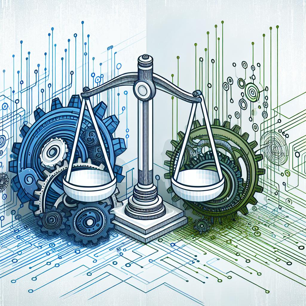 An abstract 2D flat style corporate vector image symbolizing the interaction between technology and regulation, viewed in linear perspective on a white, texture-free background. The image features intermingling elements of gears, representing the adaptable nature of regulation, and electronic circuits, as a symbol for AI innovation. A set of scales is also included to demonstrate the balance sought between regulation and entrepreneurship. Modern colours of blue and green are incorporated to convey a sense of trust and technological innovation.