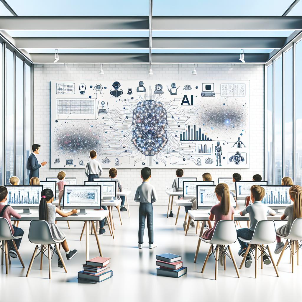 Visualize an innovative educational environment in a modern classroom where children of diverse descents are learning about Artificial Intelligence (AI) through hands-on interactions. Imagine a white, textureless background with a flat, corporate, vectorial style, depicting a 2D linear perspective. The classroom is filled with interactive screens displaying AI graphs and simulations, symbolizing modern educational technology. The children, representing inclusivity and diversity in learning, are diligently focusing on their work. There's an engaged teacher of Caucasian descent, signifying the vital role of educators in shaping the next generation. Additional elements such as AI books are present to emphasize AI literacy as a crucial theme.