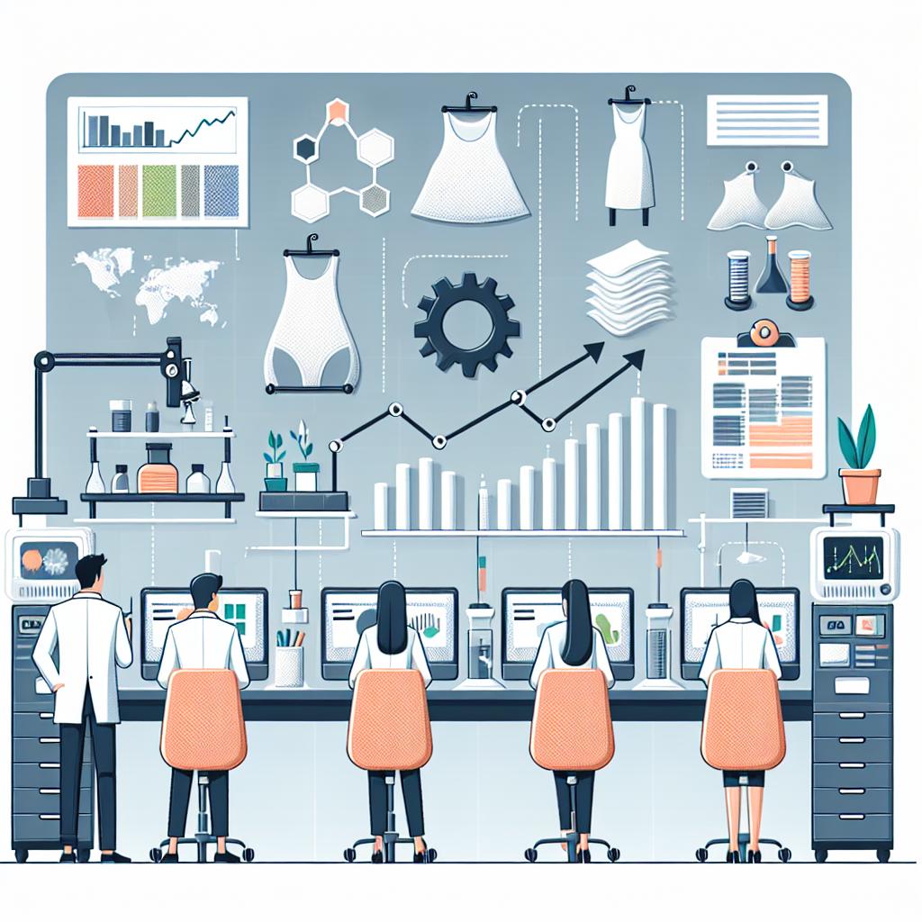 Illustrate a 2D, flat, corporate-styled, vector image set in a high-tech laboratory where a team of researchers are working on eco-friendly fabric innovations. The team includes two people, Alexis and Lauren, who are of Middle-Eastern and South Asian descent. The laboratory is equipped with modern equipment and well-organized workspaces. Key elements to be incorporated into the image are samples of biodegradable fabrics symbolizing the final product being developed and laboratory equipment representing textile technology research and innovation. Include growth charts to suggest the potential market for sustainable textiles. The backdrop should be plain and white.