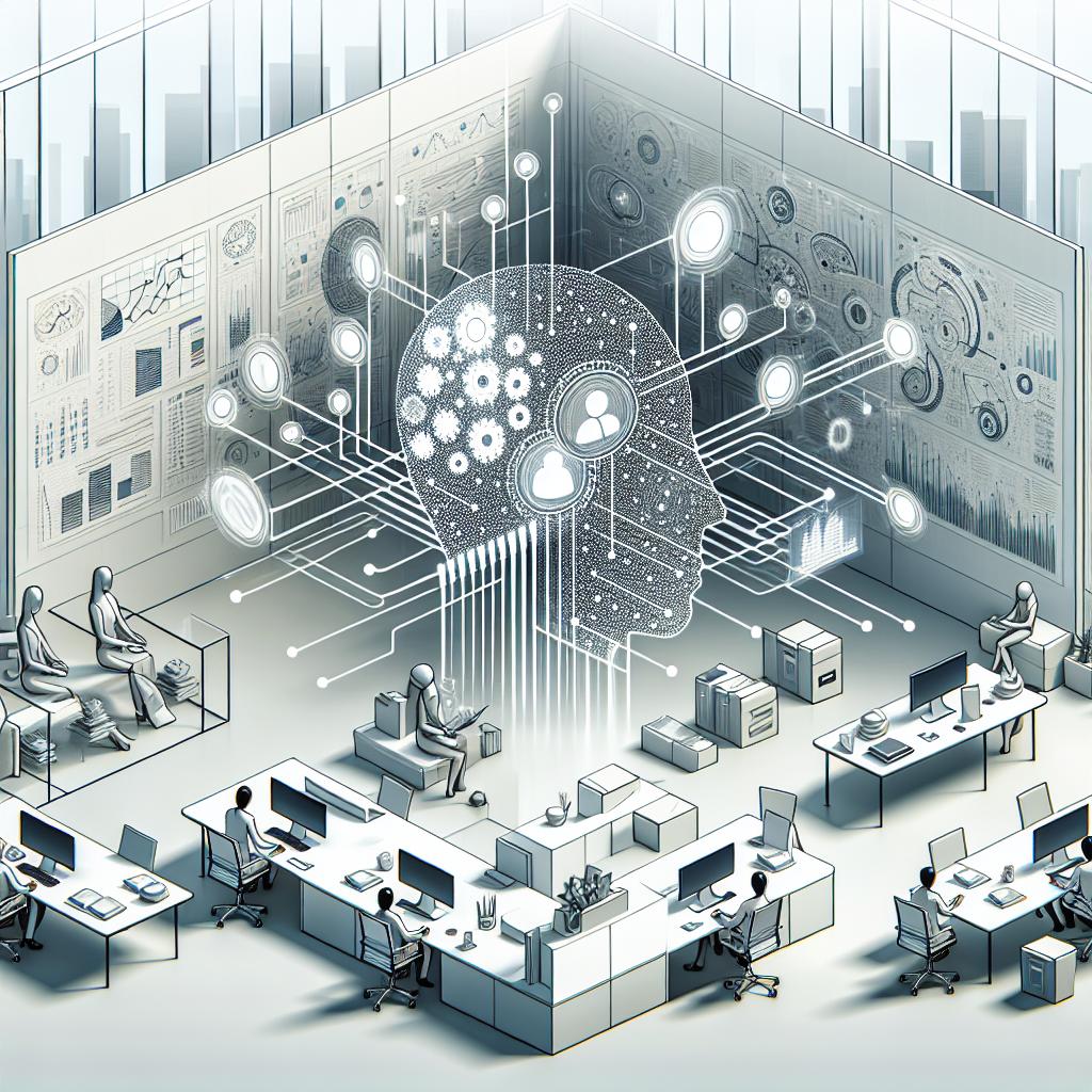 Embed visualization of Artificial Intelligence orchestration in action. The style should be flat and corporate-fashioned vectorial artwork. Executed in a 2D linear perspective view against a crisp, pure white, textureless backdrop. The composition includes a depiction of distinct AI agents cooperating together, connected through a network of systems, signifying the integrated nature of the process. A modern corporate office environment should provide the habitat for this digital activity. Visual data metrics, such as charts and graphs, should scatter around the scene to articulate the increased efficiency and outcomes brought about by the solution.