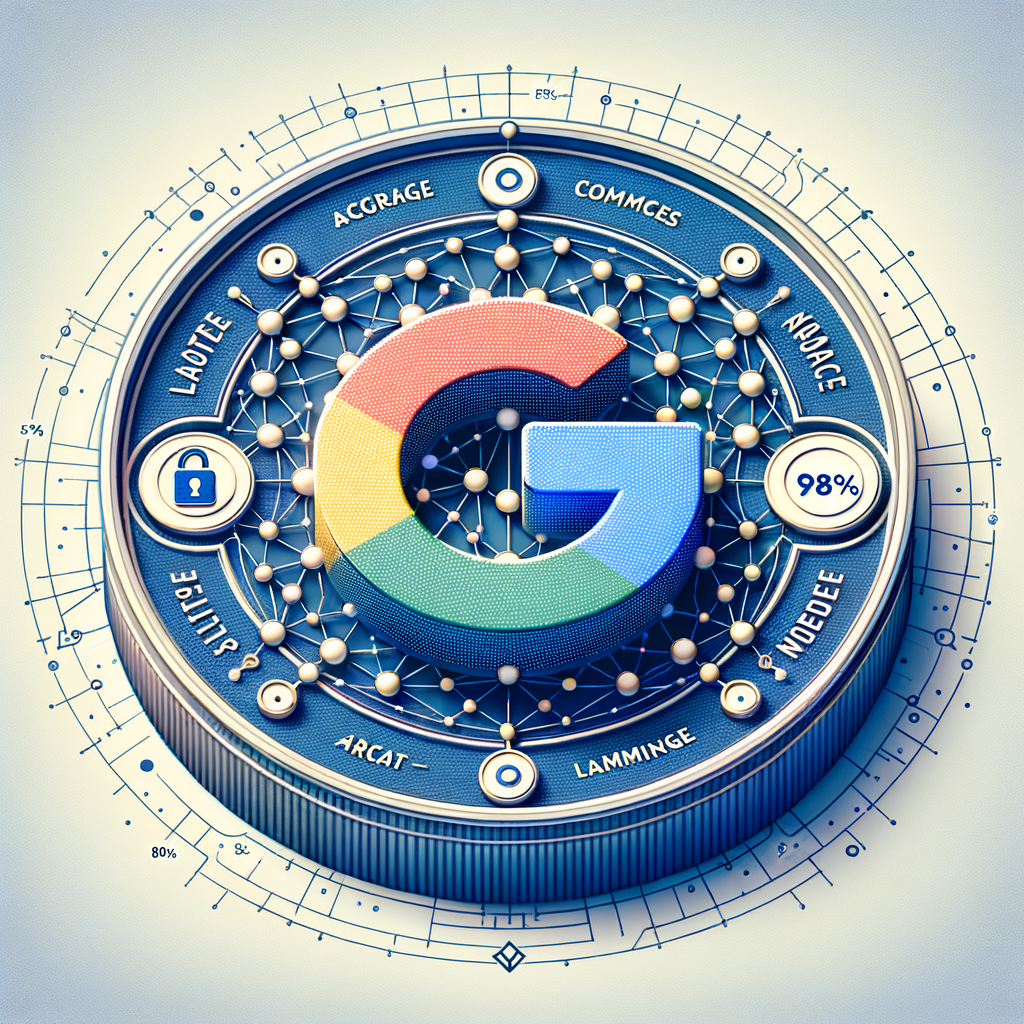 A 2D, flat and corporate style digital illustration on a textureless white background. The main element is a knowledge graph with interconnected nodes, symbolizing the Data Commons from Google. The logo of a well-known search engine is visibly displayed, along with an artificial intelligence icon to represent language models. Accuracy statistics are shown as an increase from 58% to 98-99% to signify the model's improved precision. An open padlock is featured to symbolize the open-source nature of the technology named DataGemma.