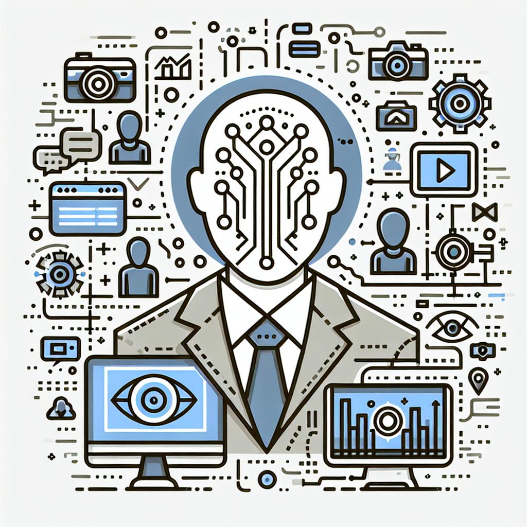 Create an image in a vector-based, flat, and corporate style that portrays the process of researching and selecting an artificial intelligence video creation tool. This linear, two-dimensional image set against a plain, white, and textureless background features several elements: Avatars symbolizing the visual representatives of AI, a digital background representing technology, and visual elements related to video production such as cameras and screens.