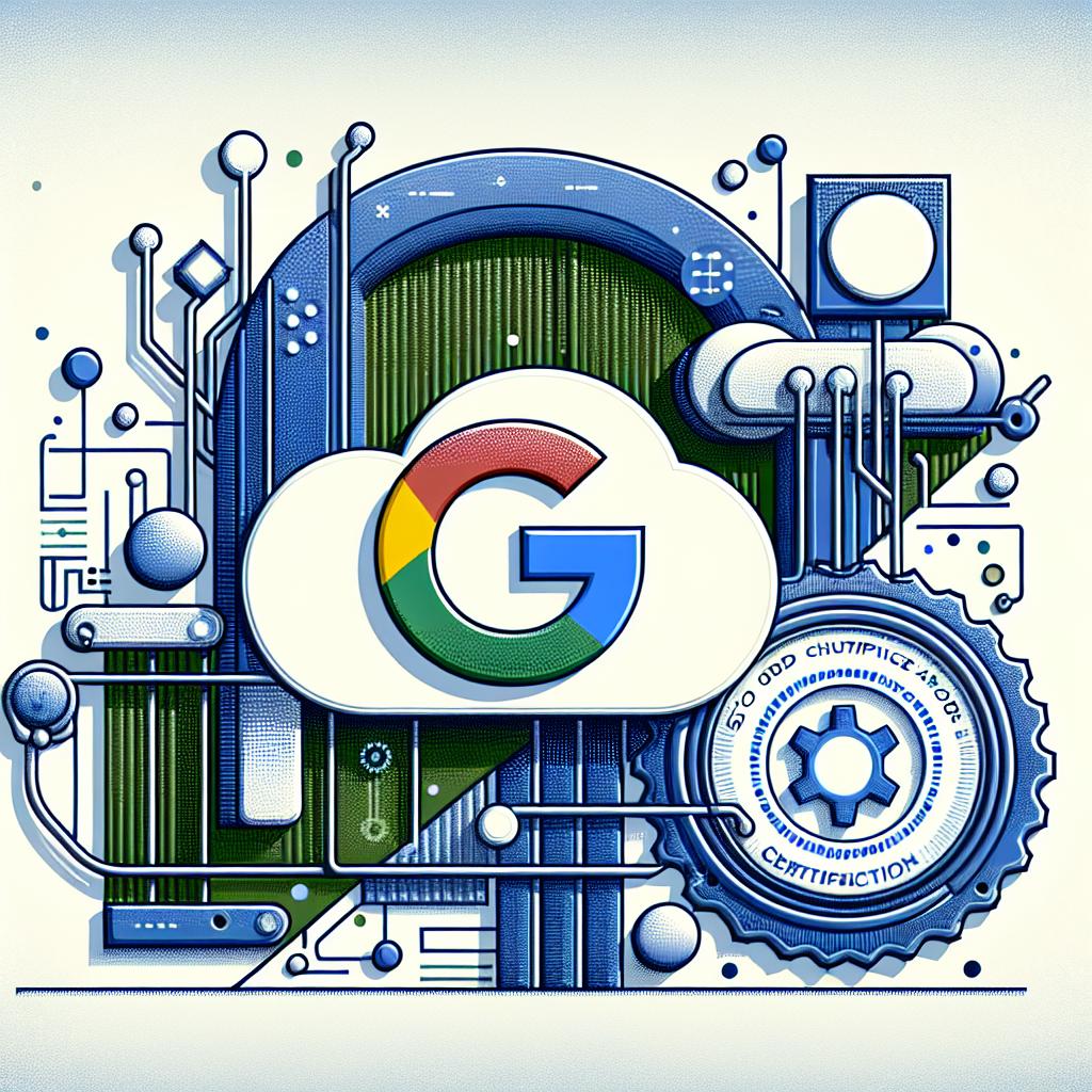 Picture a 2D, vector-styled, corporate-themed illustration that symbolizes the evolution and challenges of Artificial Intelligence. Set against a white, texture-less background, the image prominently features the Google Cloud logo, representing the company, and an ISO/IEC 42001:2023 certification seal, signifying the certification they achieved. Additional elements include stylized depictions of electronic circuits, indicating technology and innovation. The color scheme includes shades of blue and green, signaling trust and innovation.