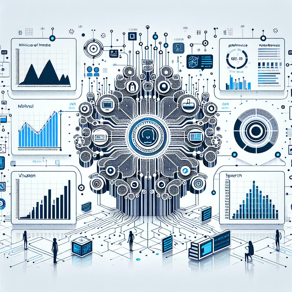 Create an image in a flat, corporate vector style, reflecting the recent breakthroughs in Artificial Intelligence with a new architecture called Mixture-of-Mamba (MoM) developed by researchers from notable universities. Display the model's interactions with different data types: textual, visual, and speech, using symbols, graphic images, and sound waves respectively. Complement this scene with a technology-themed background filled with digital connections and circuits, signifying innovation. Round off the image with performance charts showcasing the superior efficiency of the MoM model as compared to others. Execute this design with a white, textureless background and a 2D, linear perspective.