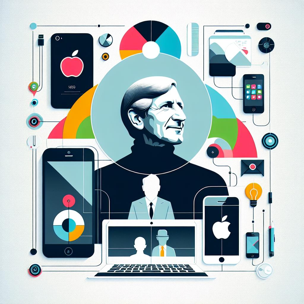 Title: Homage to a Tech Icon. Here is an image representing the 70th anniversary of a tech entrepreneurial icon, co-founder of a leading tech company, an emblem of technological innovation whose legacy continues to shape the design and human interaction with technology even years after his passing in 2011. The image is a distinctive visual montage including iconic tech products such as a smartphone and a laptop, set against a background evoking minimalist designs characteristic with the corporation. The image has a vector style, is flat, and corporate in nature. The background of the image is white and textureless. The perspective is 2D and linear. Additional elements in the image include a smartphone which symbolize a revolution in mobile communication, a laptop that symbolizes accessibility and innovation in personal computing, minimalistic colors that reflect the design philosophy of the tech icon, and silhouettes of people using technology, emphasizing the human impact of these innovations.