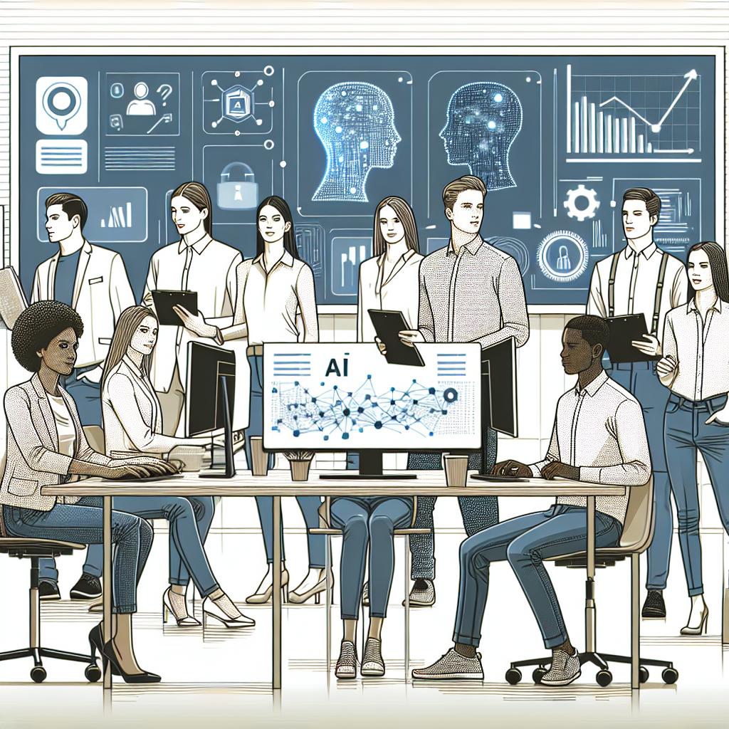 Represent a diverse team of employees from Salt AI, with members of different descents and genders, working in a modern office that reflects creativity and innovation. The focus of the image should be on the collaborative nature of the team. Elements in this 2D, linear perspective image should include a computer screen displaying AI graphs, symbolizing the use of technology and data. The overall style of the image should be vector, flat, and corporate. The backdrop should be plain white and textureless, emphasizing the simplicity and cleanliness of the corporate environment.