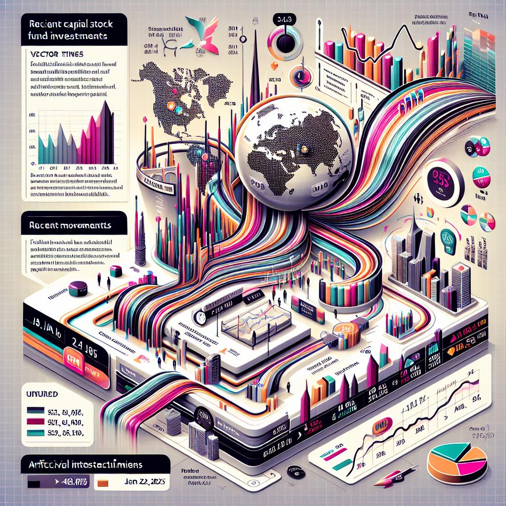 Create a 2D, linear perspective image in a vector, flat, and corporate style. The image consists of a white, textureless background. It includes a detailed chart showing the flow of global stock fund investments over the past five days until January 22, 2025, fueled by expectations of interest rate cuts by the US's central bank along with the plans of a prominent American businessman for significant investments in Artificial Intelligence infrastructure. Additionally, an infographic depicts recent capital movements in stock and bond funds, highlighting regional and sectoral differences. Vibrant colors are used to draw attention to key statistics. Financial icons visually represent the different types of investments.