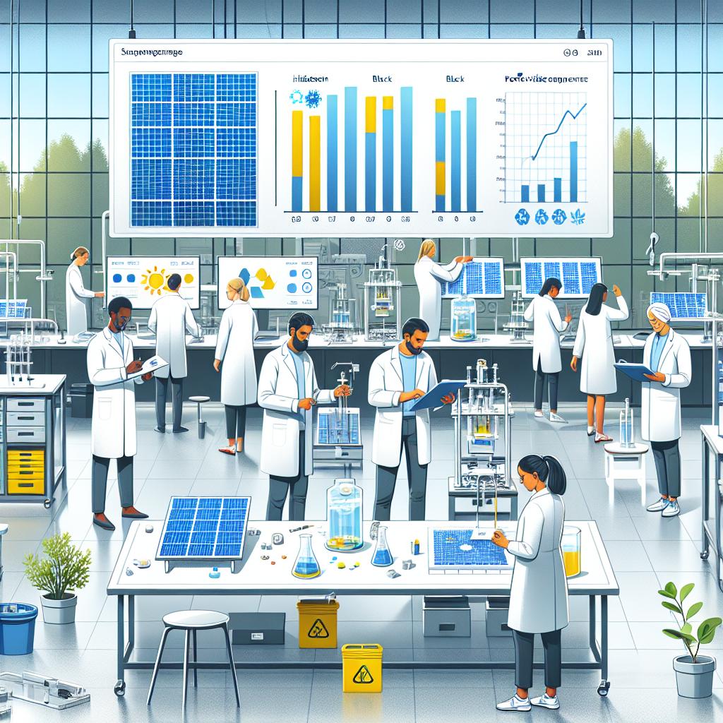 Create a modern Swedish laboratory scene with researchers working on perovskite solar cells. The researchers are shown involved in an eco-friendly water-based recycling process. Some researchers are testing the solar cell components while others analyze the results. Each researcher is of a different descent, including Middle-Eastern, Hispanic, Black, South Asian, and White. Some researchers are male, others are female, emphasizing human involvement in sustainable solutions. The setting includes various laboratory equipment symbolizing scientific research and innovation, and placed solar cells at the heart of the research. Add performance charts representing the efficiency and the outcomes of the research. Render the scene in a vector, flat, corporate style with 2D, linear perspective. The background should be white and untextured, and the overall environment appears clean and organized, suggesting the importance of sustainability and good laboratory practices.