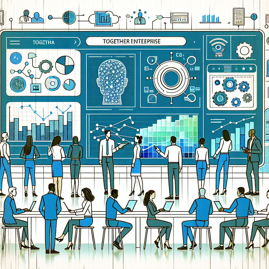 A detailed 2D, line-drawn, vector-style, flat, corporate image that illustrates the Together Enterprise Platform in a modern corporate environment on a white, untextured background. At the center, there's a large digital panel displaying real-time data analysis, with performance charts and AI models. Characters in the background include a diverse team of professionals discussing data and interacting with technology, represented by men and women of different descents including Hispanic, Black, Middle-Eastern, South Asian, and White. Dominant colors in the illustration are blue and green, symbolizing technology and innovation. Also, include the logo of Together AI to reinforce the brand identity.