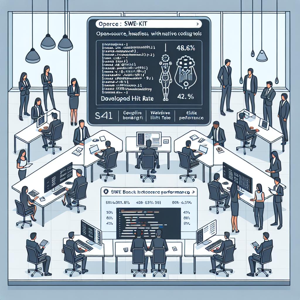 Show a linear, 2D image with a flat, corporate, vector style, depicting a modern office environment in which developers interact with the SWE-Kit, an open-source, headless IDE with native AI coding tools. The office should be occupied by a diverse group of developers, indicating individuals of different races and genders working together on this technology. The coding interface of the SWE-Kit should be highlighted as the main component of the image, indicating its core functionality. Add graphical performance reports to visually represent the efficiency achieved by the developed agent, boasting a 48.6% hit rate based on SWE Bench tests using LangGraph and LangSmith. The background should be untextured and white.