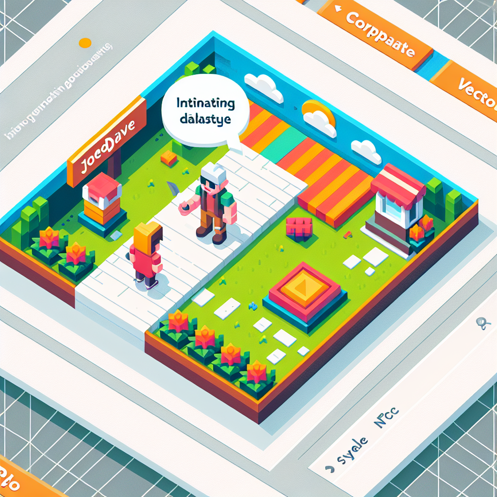 Create an illustration in a corporate, vector, and flat style showcasing a top-down adventure game in 2D, linear perspective. The image should feature a player character interacting with an amiable NPC named Joedave in a vibrant and colorful environment. Above the NPC, a speech bubble indicates an initiating dialogue, symbolic of the functionality implemented in the game. The scene should give a sense of an attractive, immersive atmosphere that highlights the accessibility of game development. The backdrop of the image should be white and texture-less.