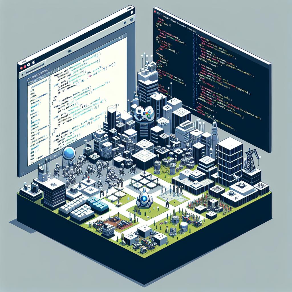 Generate an image that showcases a digital environment representing the game development process. The image should be highly detailed, in a flat and corporate vector style, making use of a white and texture-less background. The view should be 2D and linear. Dominating the foreground, there should be visible code snippets, symbolizing the concept of code modularization. Additionally, the image should feature a representation of a gaming environment showing the practical aspect of game development. Finally, include a programming interface to emphasise the ease of accessibility of the development process. There should be noticeable interactive design elements to depict the hands-on approach of the tutorial.