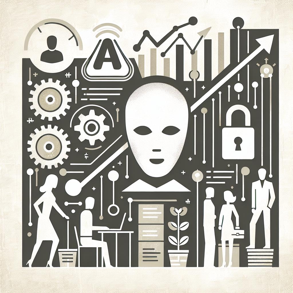 Create a corporate-style, flat, vector graphic image in a linear, 2D perspective with a textured, white background. The image should depict a graphical representation of the increasing use of AI in businesses. Incorporate productive icons that symbolize the added efficiency by AI assistants. Include growth charts to illustrate the rising adoption trend. Incorporate a padlock symbol to represent data security and privacy. Also, portray people of diverse descents and genders working, which demonstrates the integration of AI in the workplace.
