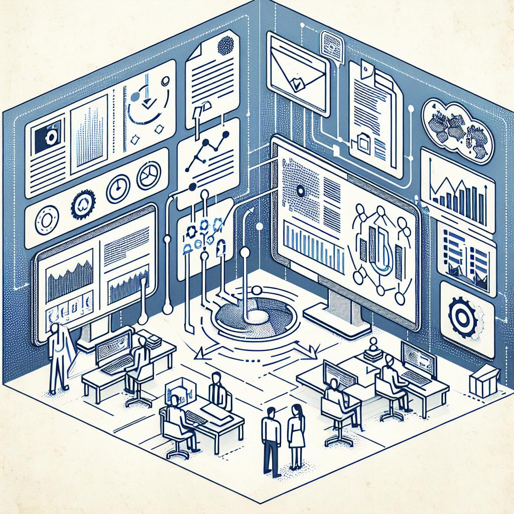 Create a 2D, linear-perspective image that reflects a corporate environment in a modern, flat, and vectorial style. Show an interactive user interface where documents are uploaded, and queries are submitted to an artificial intelligence system. Use a color palette of blue and white against a untextured white background, portraying a clean and organized workspace. There should be an icon to signify supported PDF formats. Incorporate moving arrows to depict dynamic interaction with the files. Also, include graphs and data visualizations to illustrate the analysis and extraction of valuable information.