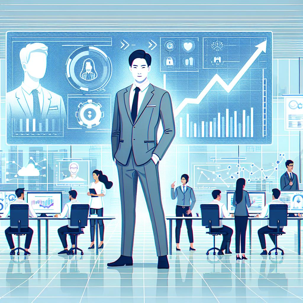 Illustrate a 2D, linear perspective image in a vector, flat and corporate style exhibiting a vibrant, modern office scene. Emphasize a confident, generic Asian male figure at the center, signifying an innovative leader. Surround him with screens flashing performance charts symbolizing the growth and success of a fictitious AI startup. Include a diverse team of developers working passionately in the background. Maintain a clean, white, texture-less background to emulate a neat corporate ambiance.