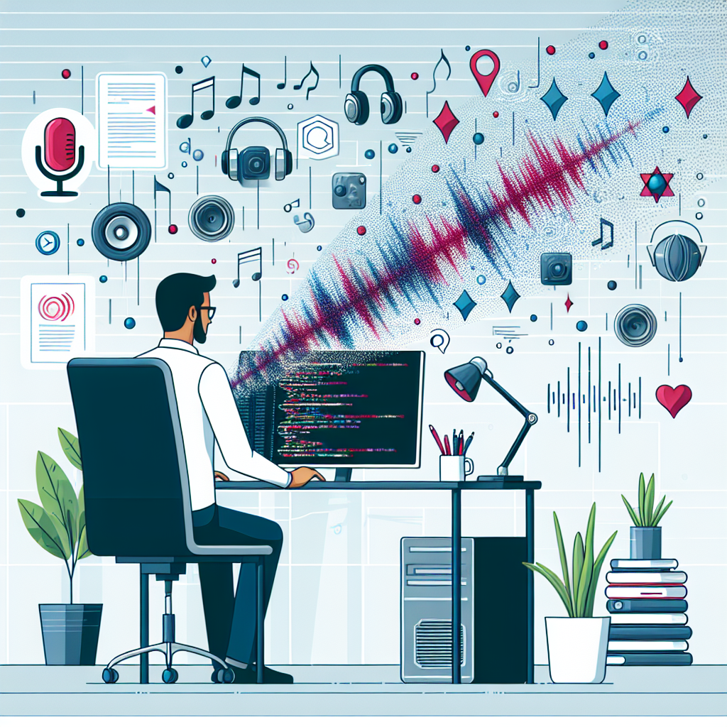 Create a detailed, two-dimensional, and linear 2D illustration that evokes a corporate and modern mood. Use a flat style that uses bright and vibrant colors in a white and untextured background. The image should depict a male South Asian developer working on a contemporary computer with Ruby code visible on the screen, situated in an office environment. Scattered around him and floating mid-air, create audio wave symbols and transcription icons, symbolizing audio being processed and the conversion of speech into text. This image artistically represents the cutting-edge technology of speech recognition including accents and background noises.