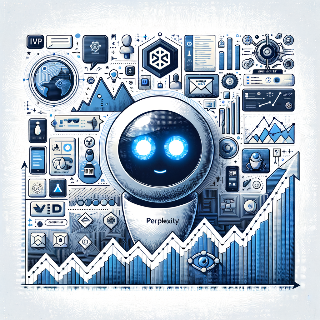 Create a 2D vector-style, corporate-themed image on a white, texture-less background. At the top-center of the composition, place the Perplexity logo for quick recognition. Depict a growth chart, symbolizing the rise in users and queries. Include icons of mobile devices to denote availability on iOS and Android platforms. Showcase symbols/logos of investors like IVP and a generic AI-tech company. Employ a blue and white color palette to convey trust and technology. Additionally, represent a virtual assistant, reminiscent of AI-assistants available in the market, to signify the 'Copilot' virtual assistant from Perplexity.