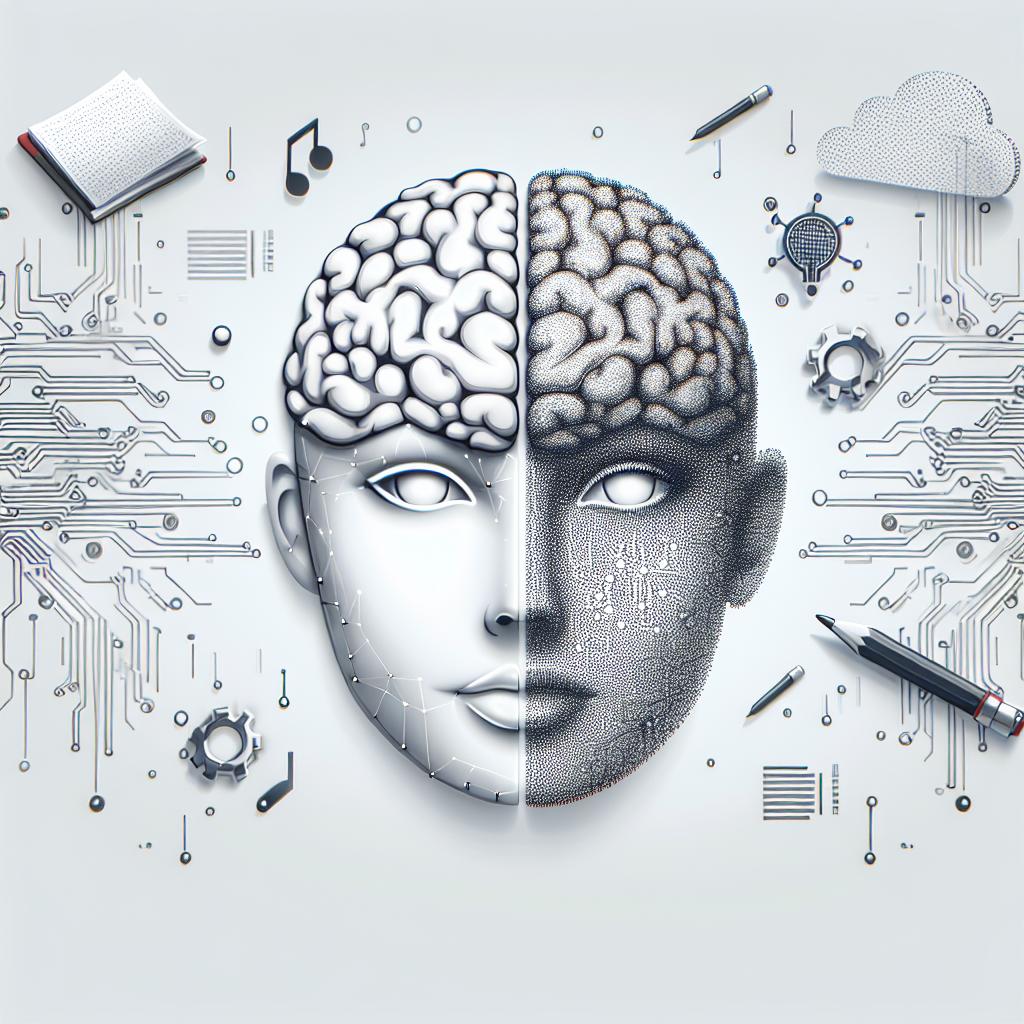 A white, textureless background in a 2D linear perspective, styled in a flat, corporate vector. At the centre, imagine a symbiotic fusion where the right half is a human brain, symbolising creativity and intelligence, and the left half is made up of electronic circuits, representing AI technology. Surrounding this hybrid are floating writing boards, symbolising the focus on content production. The concept should capture the essence of human and AI collaboration, symbolic of the innovation and future of content production.