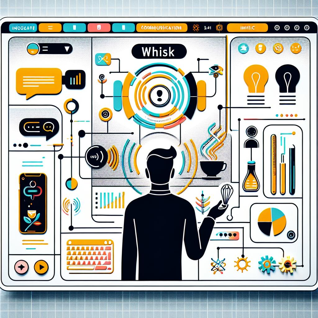 Illustrate a futuristic 2D image representing a theoretical interface of Whisk, an innovative Artificial Intelligence from a tech company. This interface allows users to interact through image prompts instead of text, symbolising a visual interaction with technology. The image should be in a flat, corporate style with a plain white background. Add in a picture of a user, symbolising accessibility, interacting with the interface. Incoroporate visual communication icons to symbolize this new form of interaction. Use bright colours to highlight innovation and set the entire scene within a computer screen to exemplify the technological environment.