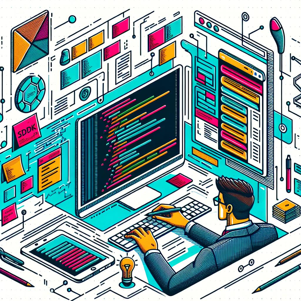 Create a vector-style 2D, corporate flat image with a linear perspective set on a white, textureless background. The chief focus is a developer, of unspecified gender and descent, engaging with the LangSmith SDK within a programming environment, demonstrating its proficiency and new features. The picture should comprise additional elements, such as: a computer screen representing the LangSmith interface; Post-it notes symbolizing the developer's orderly work approach; vibrant colours to highlight the software's innovative, modern appeal; and code icons that underscore the article's technical and programming nature.